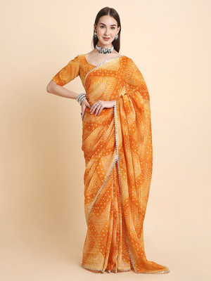 RATAN Printed Bandhani Chiffon Saree(Yellow)
