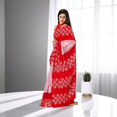 Alexa Fashion Floral Print Daily Wear Cotton Blend Saree(Red)