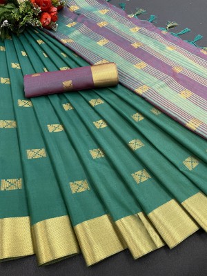 Juhi Collection Embellished, Self Design Assam Silk Cotton Silk Saree(Green)