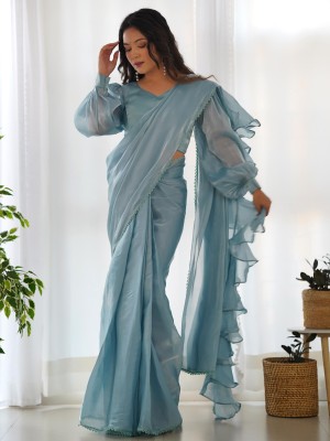 PMD Fashion Self Design, Solid/Plain, Striped Bollywood Silk Blend Saree(Light Blue)