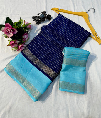 Anuradha Enterprise Striped Mysore Silk Blend Saree(Blue)