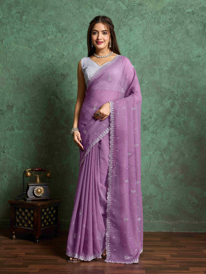 Tasrika Embroidered, Solid/Plain Bollywood Georgette Saree(Purple)