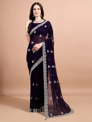 Divastri Embroidered, Embellished, Woven Bollywood Georgette Saree(Purple)