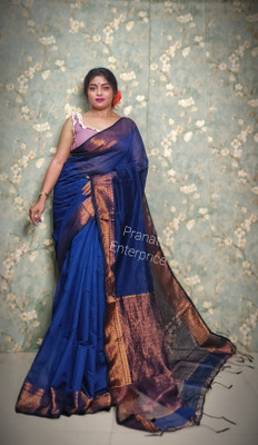 PRANATI ENTERPRISE Striped Handloom Cotton Silk Saree(Dark Blue)