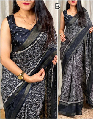 Ridham Printed Kalamkari Silk Blend Saree(Black)