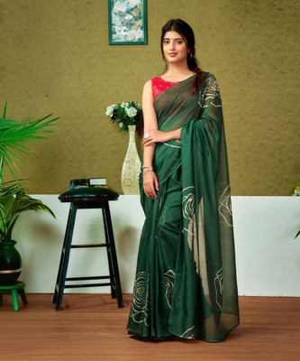 Satrani Floral Print, Geometric Print, Printed Sambalpuri Chanderi, Cotton Blend Saree(Green)