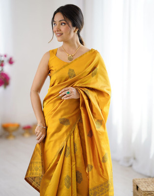 Samah Woven Banarasi Silk Blend Saree(Yellow)