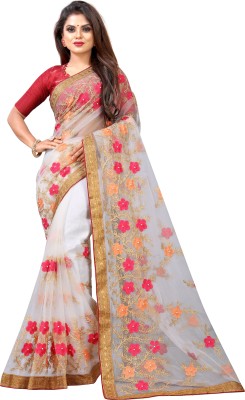 Barkiya Creation Embroidered Bollywood Net Saree(White)