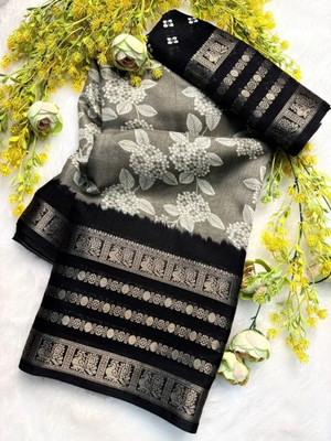 SuperLaxmi Geometric Print, Floral Print, Printed Bollywood Art Silk, Silk Blend Saree(Grey)