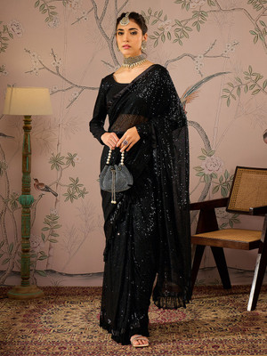 Shae by SASSAFRAS Embellished Bollywood Polyester Saree(Black)