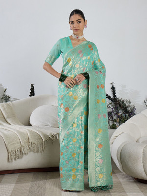 Vichitra Woven, Self Design Banarasi Cotton Blend, Jacquard Saree(Blue)