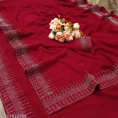 pari creation Embellished, Self Design, Solid/Plain Bollywood Georgette Saree(Maroon)