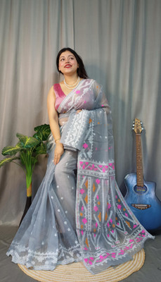 Pasum's Embroidered, Self Design Jamdani Pure Cotton Saree(Grey)