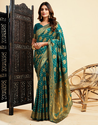 Samah Self Design, Woven Banarasi Silk Blend Saree(Blue, Gold)