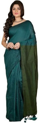 zayraa Solid/Plain Daily Wear Cotton Blend Saree(Blue)