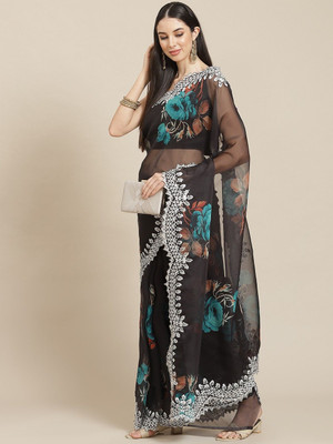 ANOUK Printed Chanderi Organza Saree(Black)