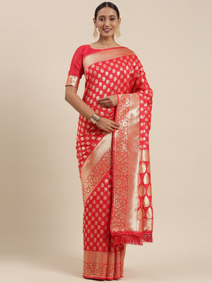 Ratnavati Woven, Floral Print Dharmavaram Silk Blend Saree(Red)