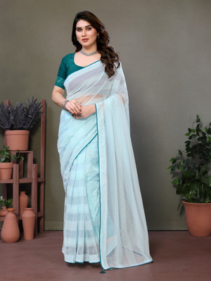 miracletex Striped Bollywood Net Saree(Light Blue)