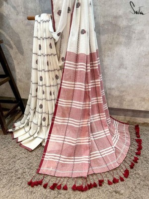 LDma Woven Tant Handloom Pure Cotton Saree(White)