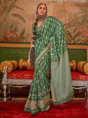 ANOUK Printed Pochampally Silk Blend Saree(Light Green)