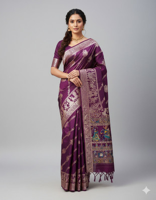 KALIPATRA Woven, Temple Border, Solid/Plain Baluchari Art Silk Saree(Purple)