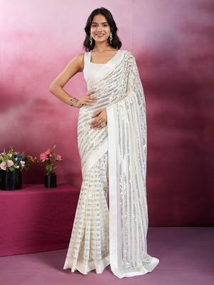 Bluebirdimpex Embellished Daily Wear Georgette Saree(Cream)