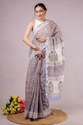 RP CREATION Printed Handloom Cotton Linen Saree(Multicolor)