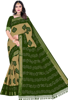 RJ CREATION Printed Bandhani Pure Cotton Saree(Green)