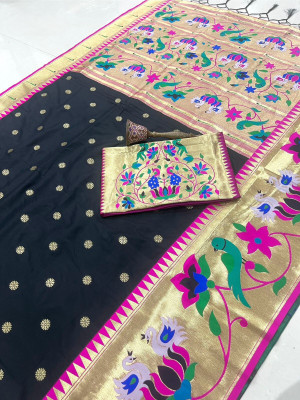HouseOfCommon Woven Paithani Cotton Silk Saree(Black)
