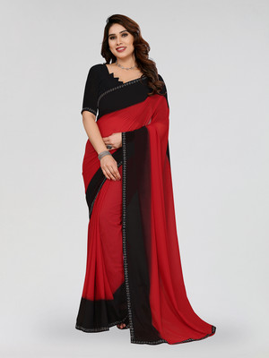 Moda Rapido Solid/Plain Daily Wear Georgette Saree(Red, Black)