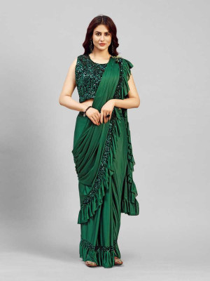LGCREATION Solid/Plain Bollywood Lycra Blend Saree(Dark Green)
