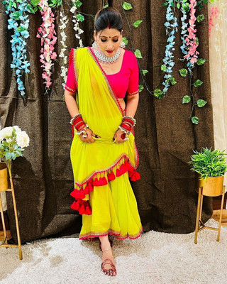 keshav piya fab Embellished, Embroidered Bollywood Chiffon, Georgette Saree(Yellow)