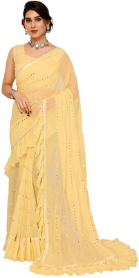 ROOP SUNDARI SAREES Dyed, Embroidered Bollywood Georgette Saree(Yellow)