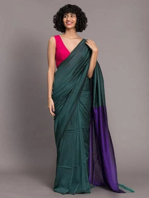 GOLU Color Block Handloom Cotton Blend Saree(Dark Green)