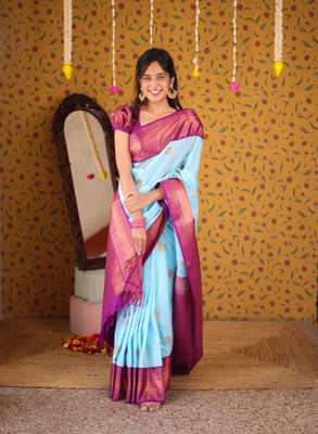 MM VENTURE Woven Banarasi Cotton Silk Saree(Blue)
