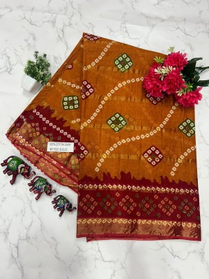 KRISHNA NX Printed Bandhani Pure Cotton Saree(Brown)