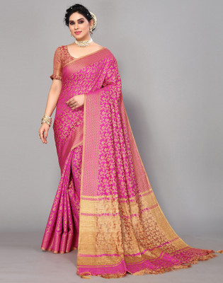 Samah Woven Banarasi Silk Blend, Cotton Blend Saree(Pink, Beige)