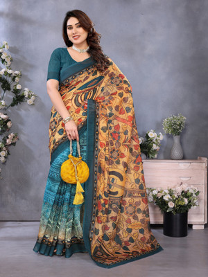 Soor Panchi Printed Bollywood Cotton Linen Saree(Multicolor)