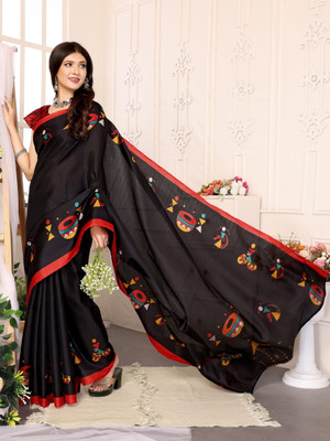 YASHIKA Printed Kalamkari Silk Blend, Art Silk Saree(Black)
