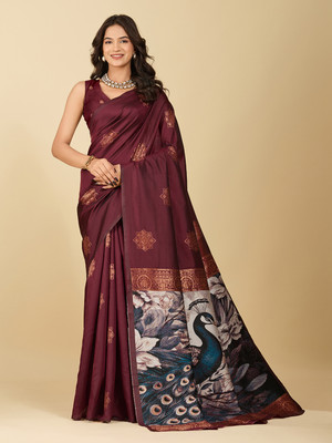 PRIMENIKS Woven, Printed, Digital Print Banarasi Pure Silk, Satin Saree(Maroon)