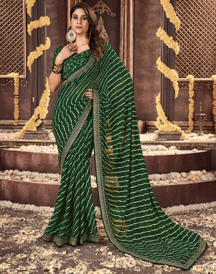 SIRIL Striped, Embellished Bandhani Georgette Saree(Green, Cream)