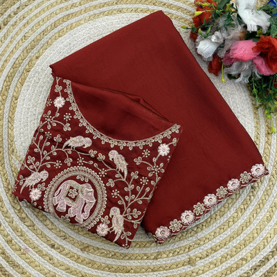V AMAN FASHION Solid/Plain, Self Design Bollywood Silk Blend Saree(Maroon)