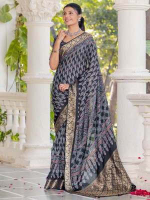 Sareemall Printed Chinnalapattu Viscose Rayon Saree(Black)