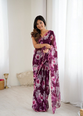 ROOP SUNDARI SAREES Floral Print Daily Wear Georgette Saree(Purple)
