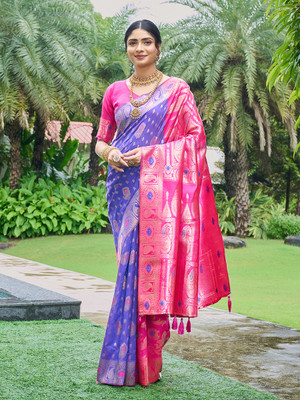 Gariya Fab Self Design Banarasi Cotton Blend Saree(Blue)