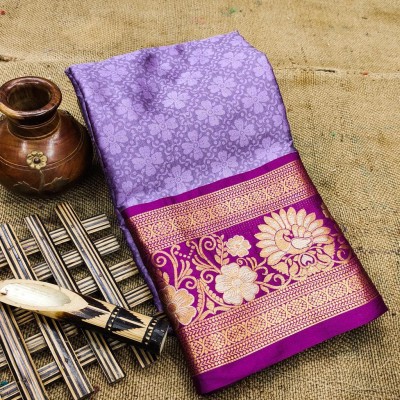 KHANJAN FASHION Floral Print, Geometric Print, Self Design, Woven Banarasi Silk Blend, Jacquard Saree(Purple)