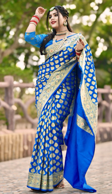 Ansari Fabrics Embellished Banarasi Satin Saree(Light Blue)