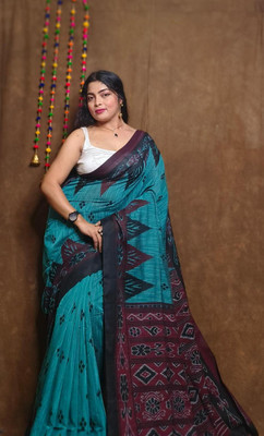 Joyguru Textile Printed Sambalpuri Pure Cotton Saree(Light Blue)