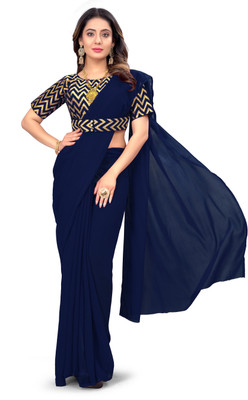 DRIZOMIZ Solid/Plain Bollywood Georgette Saree(Dark Blue)