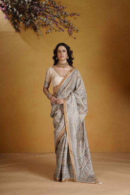 erika Printed, Geometric Print, Floral Print, Woven Patola Cotton Silk Saree(Grey)